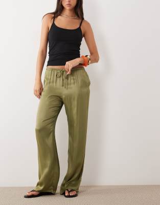 Asos Design Wide Leg Pull On Satin Pants In Green
