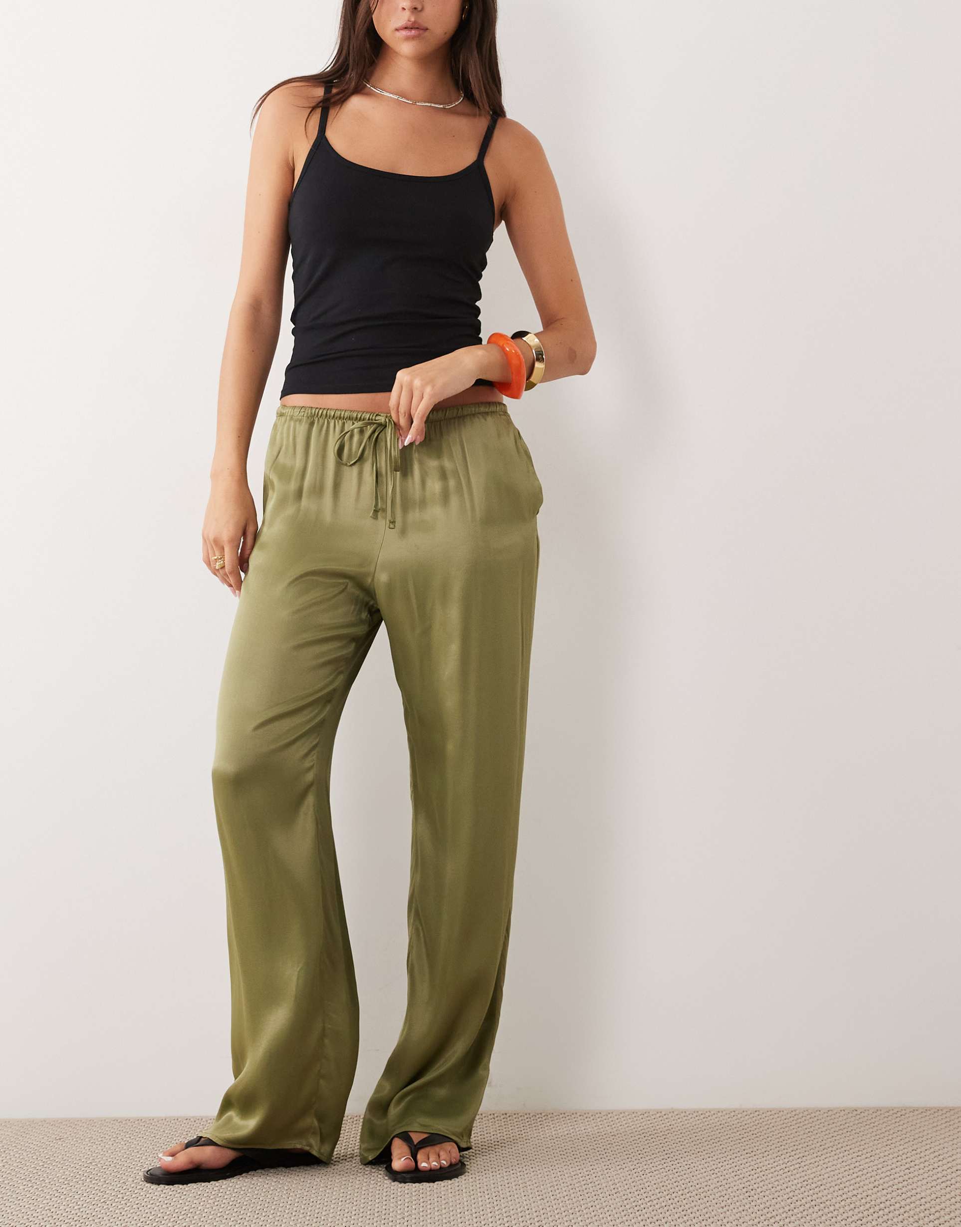 asos design wide leg pull on satin pants in olive