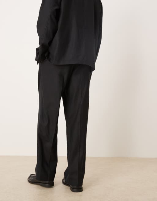 ASOS DESIGN wide leg pull-on suit pants in black twill | ASOS