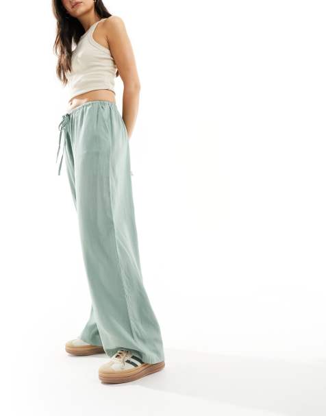 ASOS DESIGN wide leg pull on trouser with linen in green - view 1