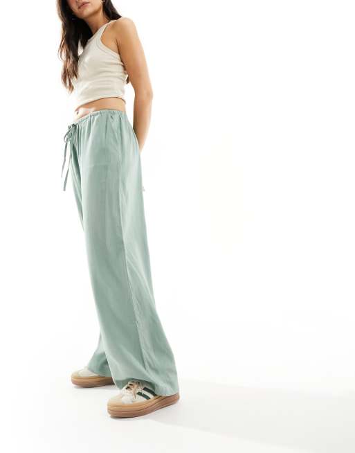 ASOS DESIGN wide leg pull on trouser with linen in green
