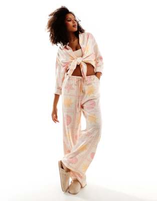 Asos Design Wide Leg Pull On Trouser With Linen In In Tile Print-Multi