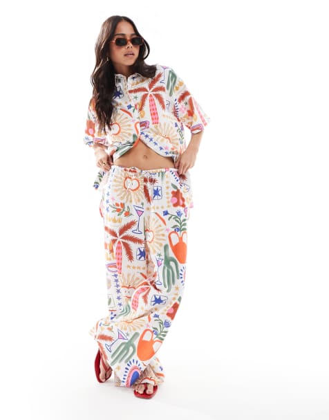 ASOS DESIGN wide leg pull on trousers co-ord in cactus print - view 1