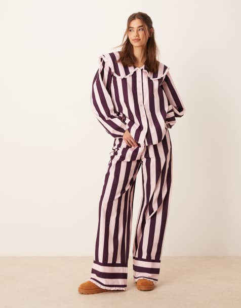 ASOS DESIGN wide leg pyjama pants in burgundy stripe (part of a set) - view 1