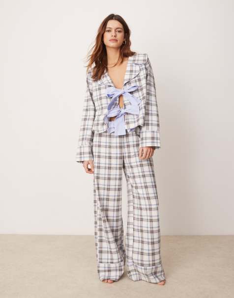 ASOS DESIGN wide leg pyjama trouser in blue brushed check co ord - view 1