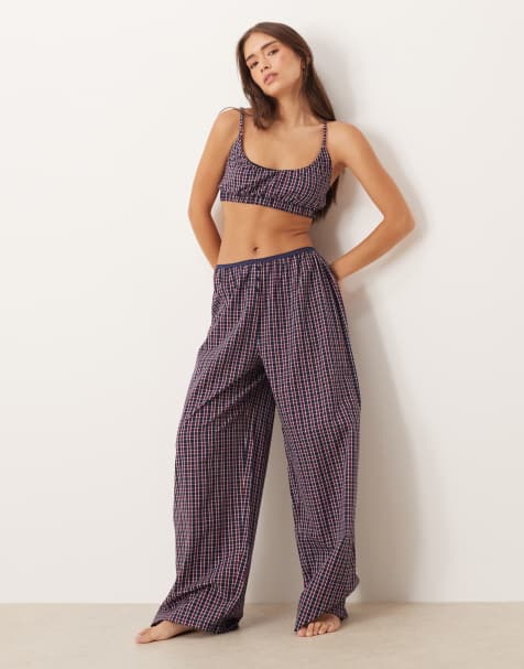ASOS DESIGN wide leg pyjama trouser with elastic waistband in red & blue check print - view 1