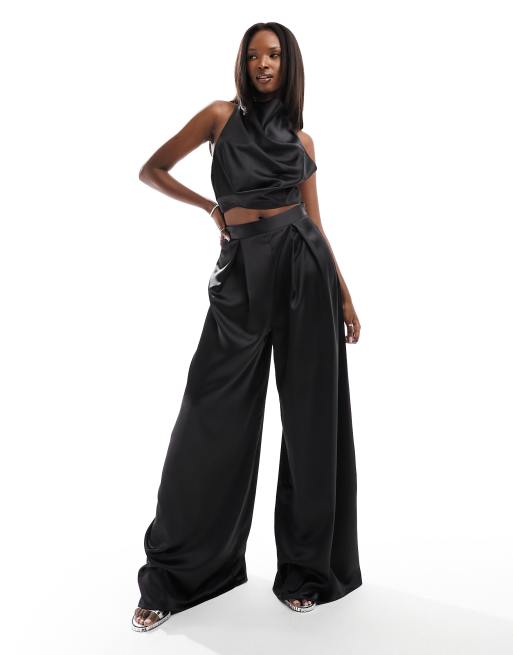 ASOS DESIGN satin wide leg pants in black