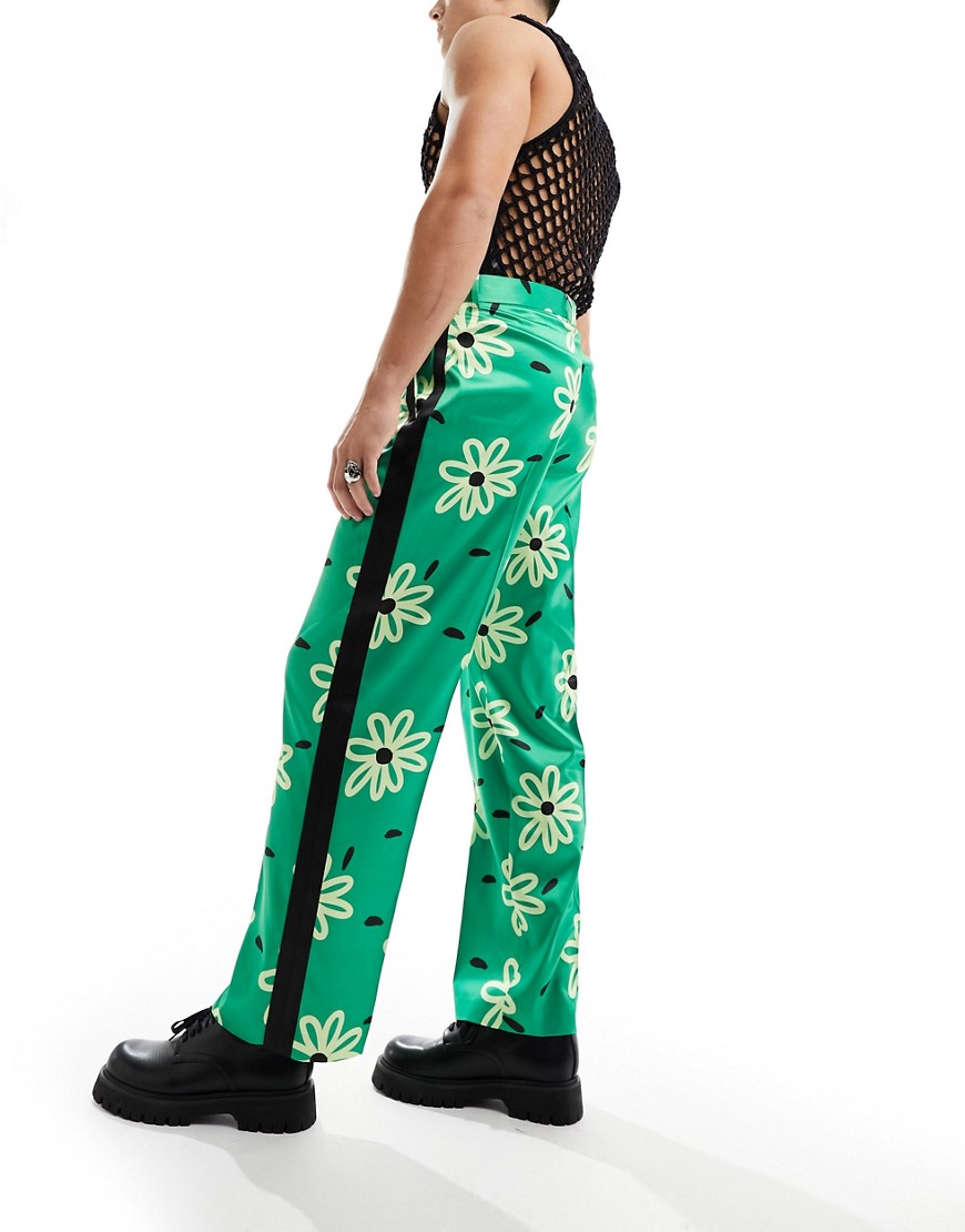 ASOS DESIGN wide leg satin trouser with floral print in green