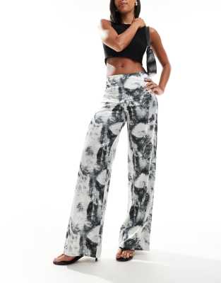 Asos Design Wide Leg Satin Twill Pants In Distorted Animal Print-multi