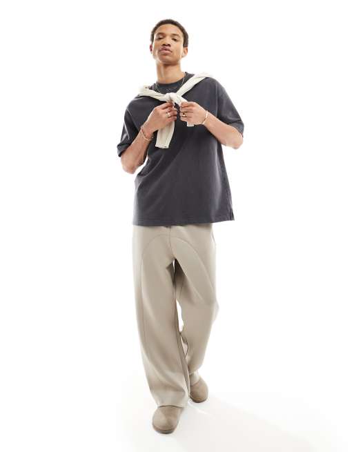 ASOS DESIGN wide leg scuba fixed hem jogger in beige