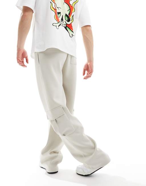 ASOS DESIGN wide leg scuba joggers with cargo pockets in beige