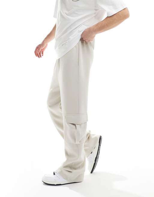 ASOS DESIGN wide leg scuba-style fabric joggers with cargo pockets in beige, 3 of 5