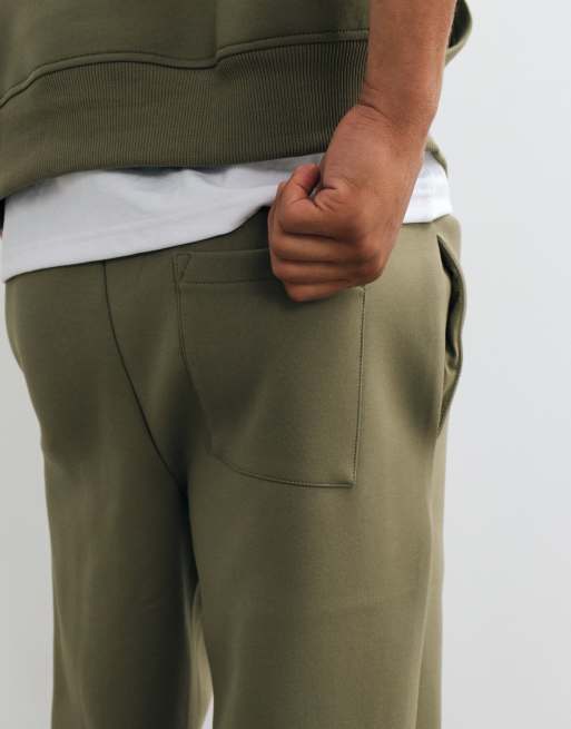 ASOS DESIGN wide leg scuba-style fabric trackies with embroidery in olive green, 5 of 5