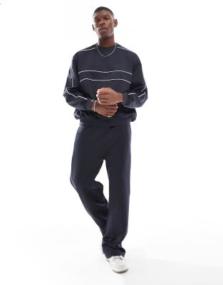 Asos Design Wide Leg Scuba Sweatpants With Piping In Navy