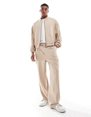 Asos Design Wide Leg Smart Cargo Pants In Beige-neutral