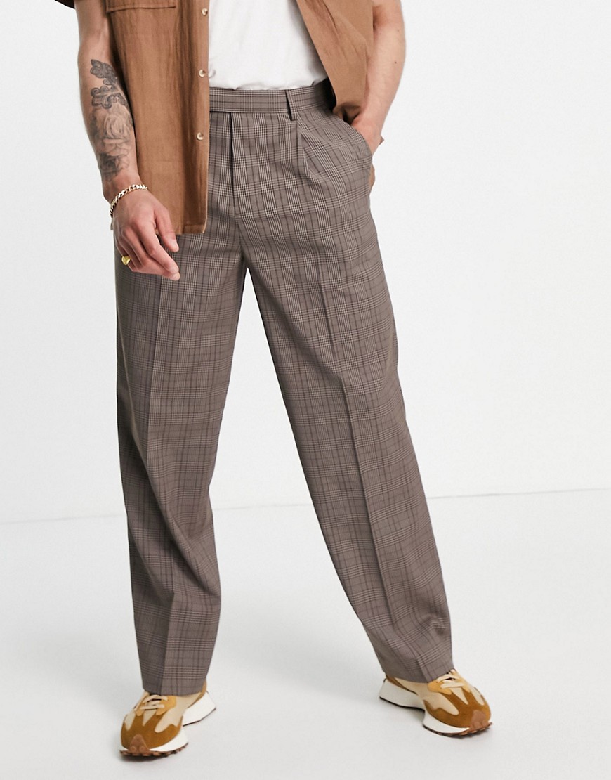 ASOS DESIGN wide leg smart pant in prince of wales check-Brown