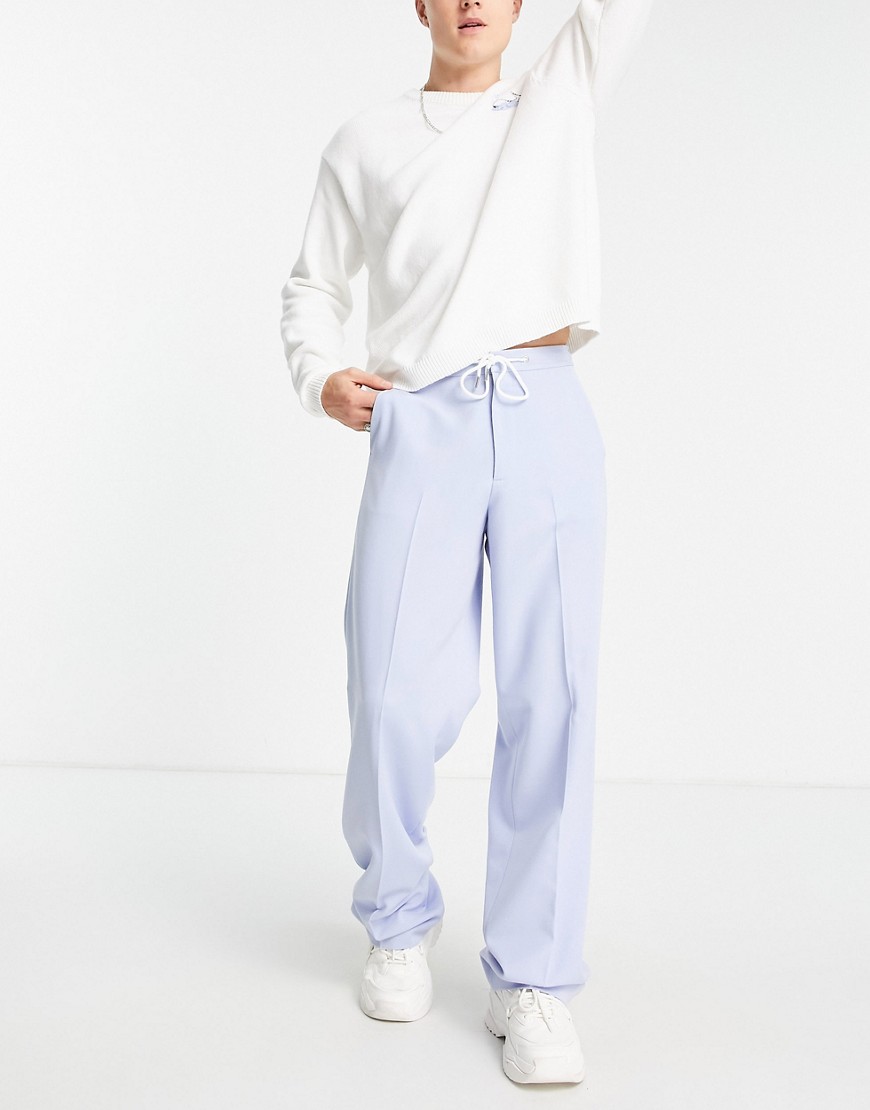 ASOS DESIGN wide leg smart pants with drawcord in blue-Blues