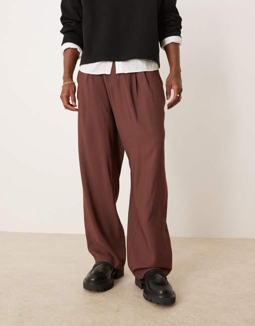 ASOS DESIGN wide leg smart pants with elasticated back and double pleat in brown, 2 of 5