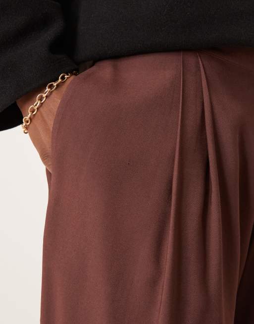 ASOS DESIGN wide leg smart pants with elasticated back and double pleat in brown, 4 of 5