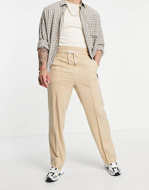 Wide leg smart pants with elasticized waist band in stone cross hatch Asos Men Clothing Pants Chinos 