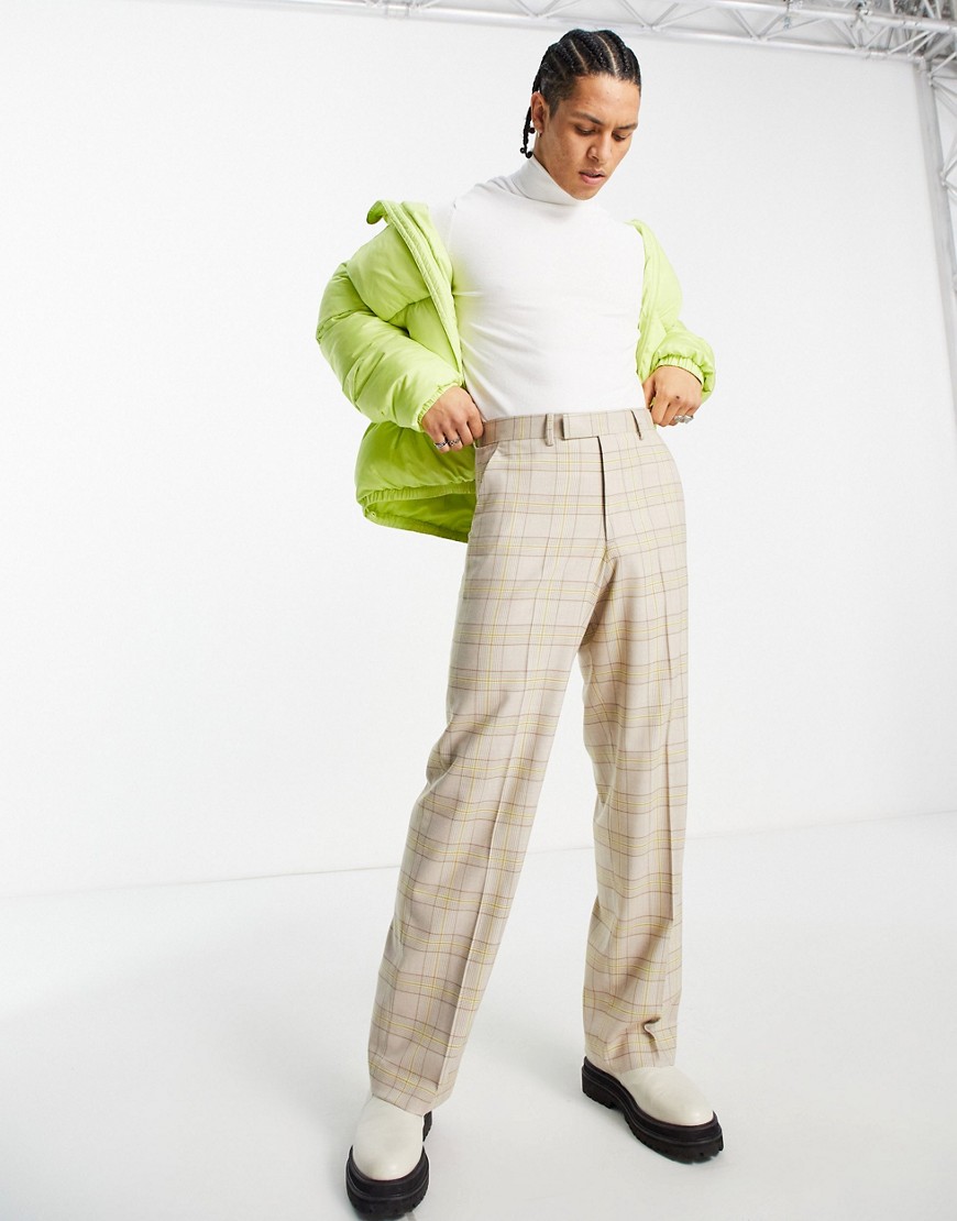 ASOS DESIGN wide leg smart pants with lime green highlight plaid-Neutral