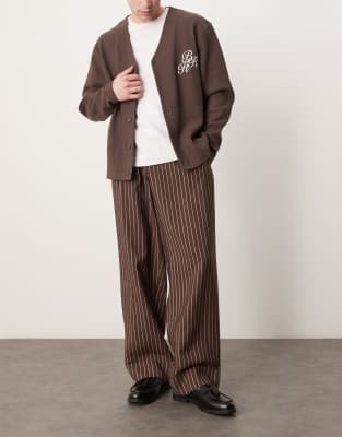 Asos Design Wide Leg Smart Pants With Turn Up Hem In Brown Stripe