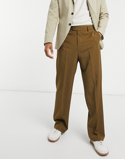 ASOS DESIGN wide leg smart trouser in khaki cross hatch