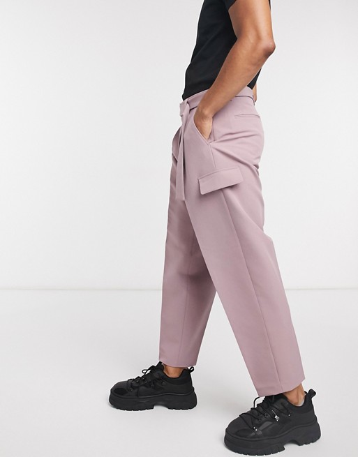 ASOS DESIGN wide leg smart trouser in purple with metal buckle belt