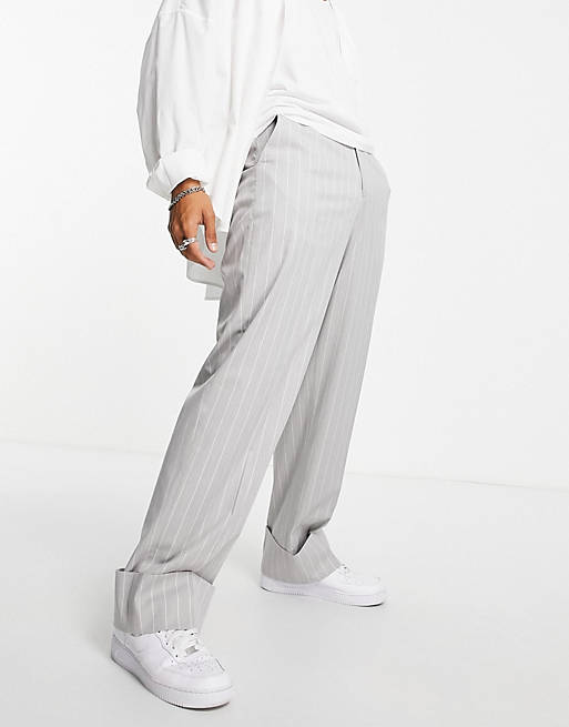 Trousers & Chinos wide leg smart trouser with deep turn up in grey marl pin stripe 