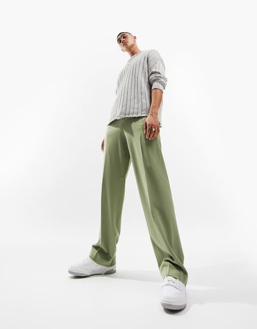 Asos Design Wide Leg Smart Trousers In Light Khaki Asos