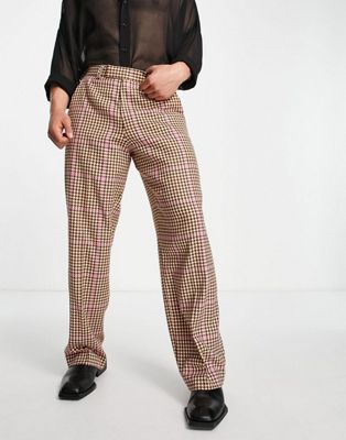ASOS DESIGN wide leg smart trousers in pink and orange dog tooth