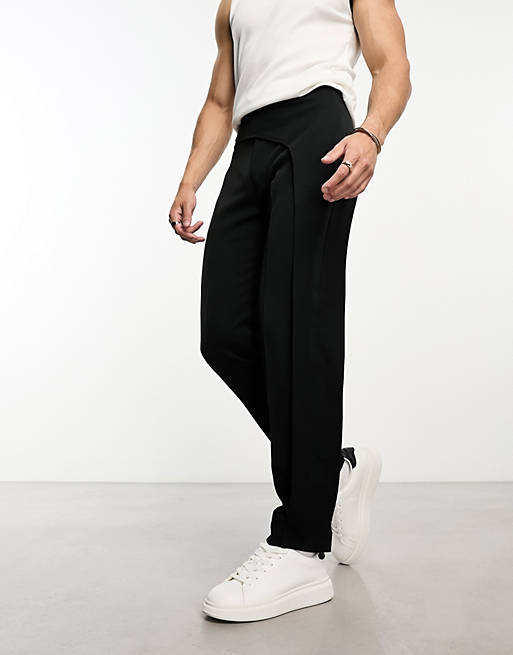Men wide leg smart trousers with asymmetric waist detail in black 