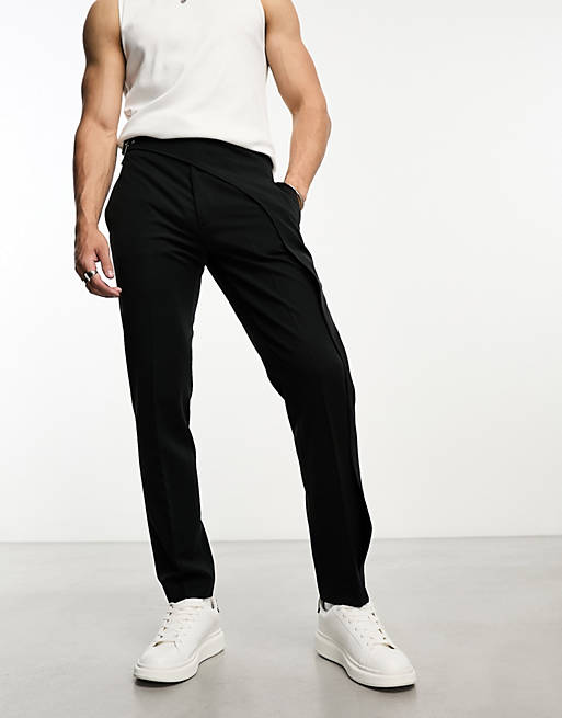 Men wide leg smart trousers with asymmetric waist detail in black 