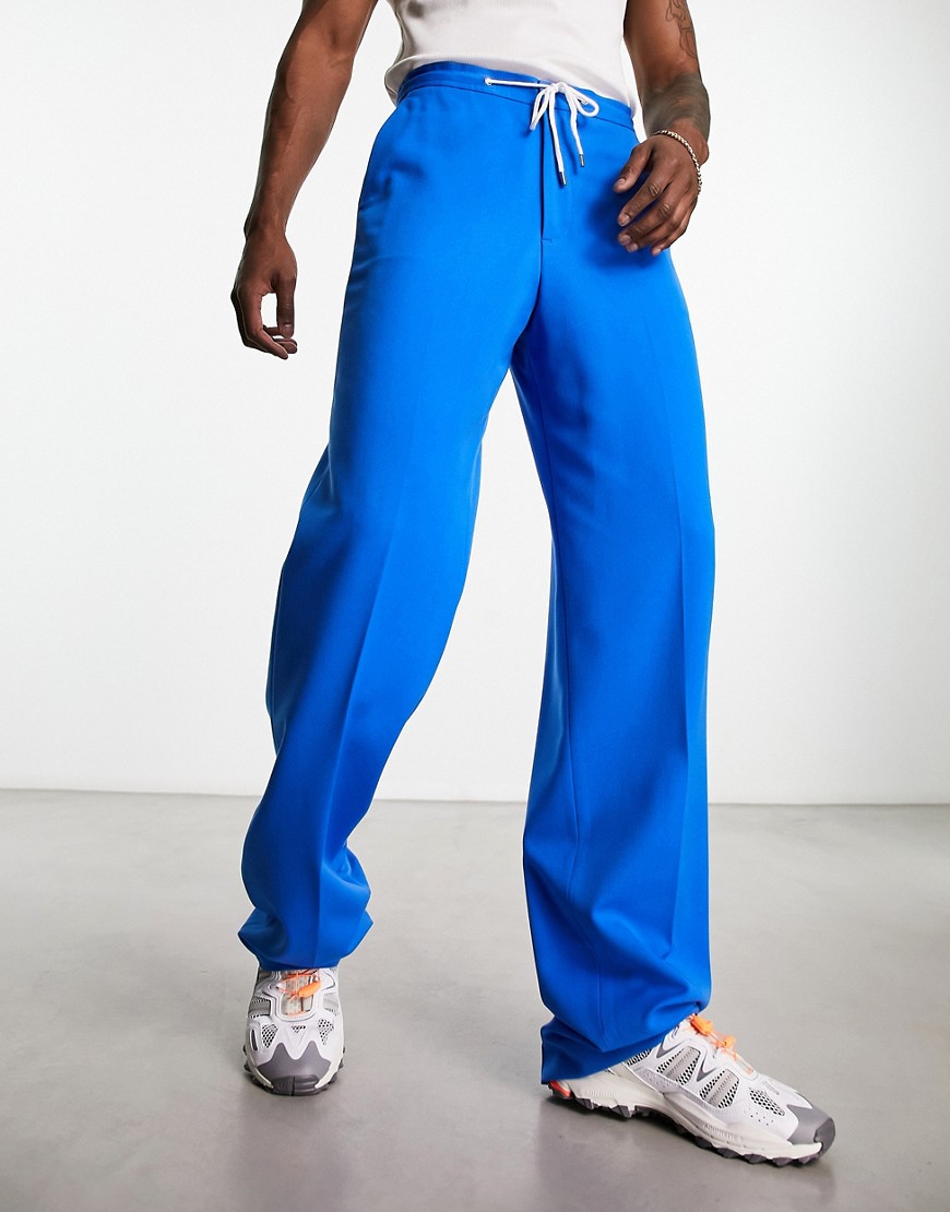 ASOS DESIGN wide leg smart trousers with drawcord in blue