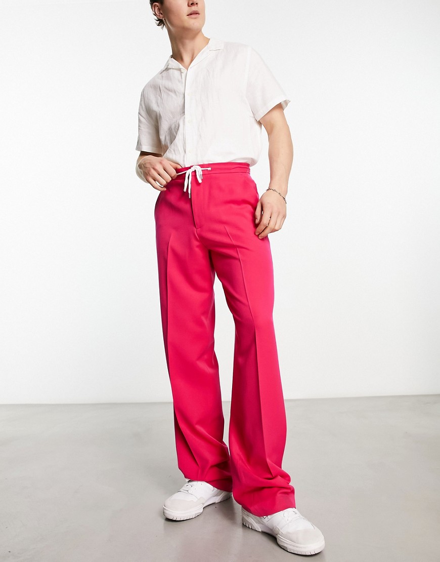Asos Design Wide Leg Smart Trousers With Drawcord In Pink
