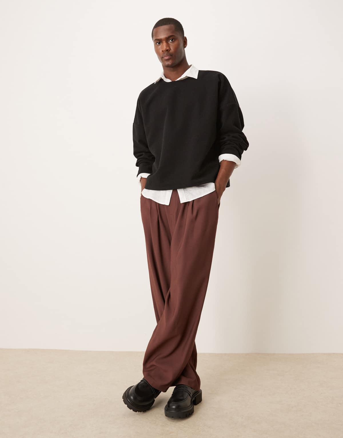 ASOS DESIGN wide leg smart trousers with elasticated back and double pleat in brown