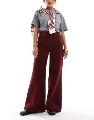 wide leg soft jeans in burgundy-Red