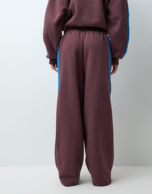 ASOS DESIGN wide leg stripe detail track pant co-ord in brown with blue stripe, 5 of 5