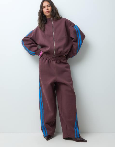 ASOS DESIGN wide leg stripe detail track pant set in brown with blue stripe - view 1