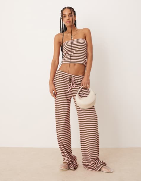 ASOS DESIGN wide leg stripe trouser co-ord in green and pink stripe
