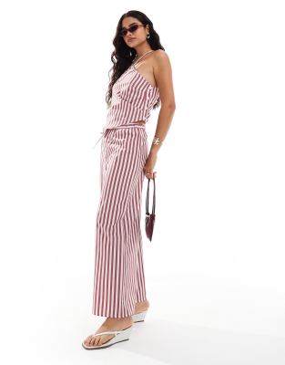 Asos Design Wide Leg Striped Pants In Burgundy Stripe - Part Of A Set-red