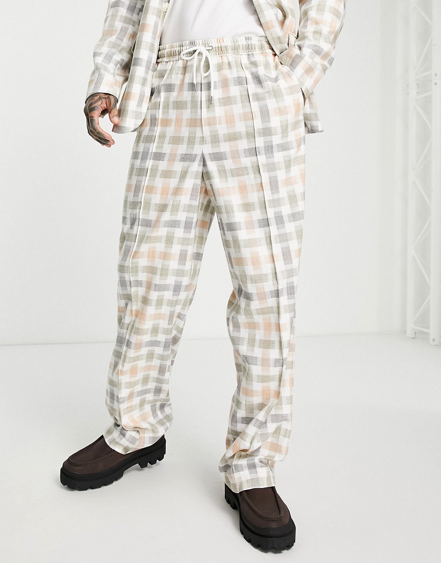 ASOS DESIGN wide leg suit pant in pastel color block check-Multi