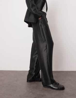 wide leg suit pants in black metallic satin