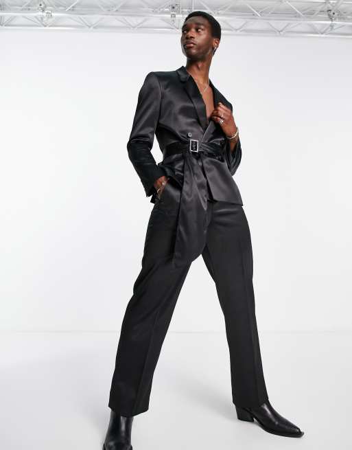 ASOS DESIGN wide leg suit pants in black satin