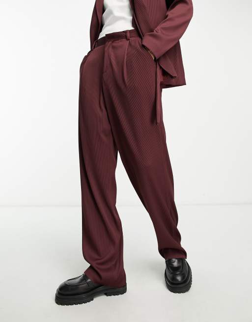 ASOS DESIGN wide leg suit pants in burgundy plisse