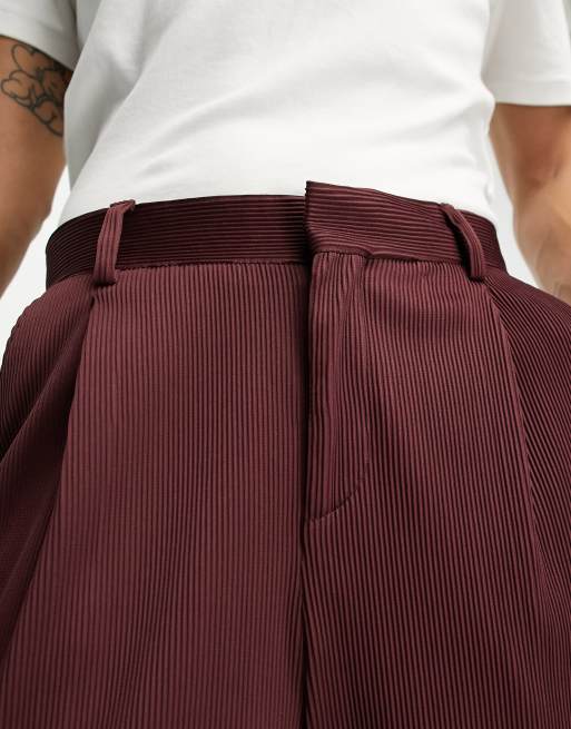 ASOS DESIGN wide leg suit pants in burgundy plisse