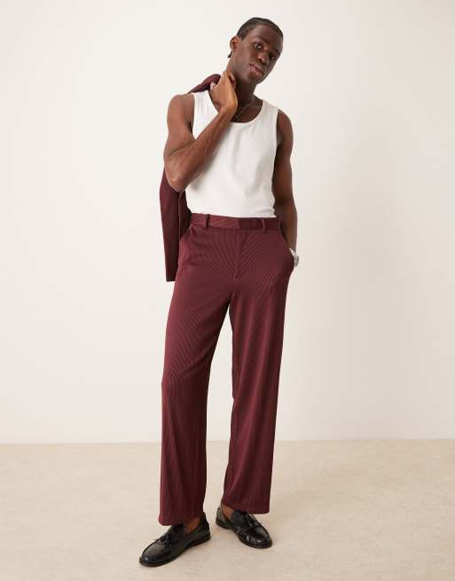 ASOS DESIGN wide leg suit pants in burgundy ribbed fabric