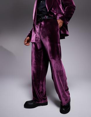 wide leg suit pants in burgundy velvet-Brown