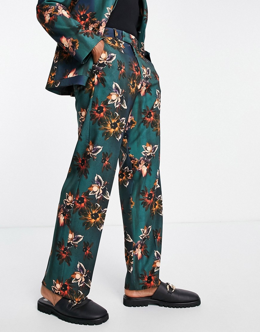 ASOS DESIGN wide leg suit pants in floral print-Brown