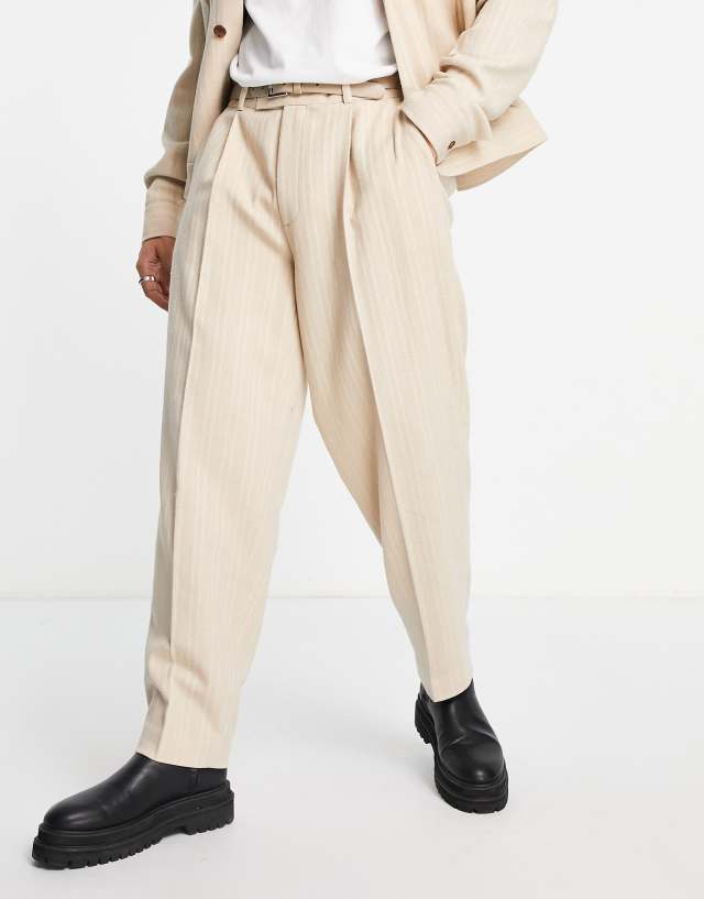 ASOS DESIGN wide leg suit pants in pinstripe in beige